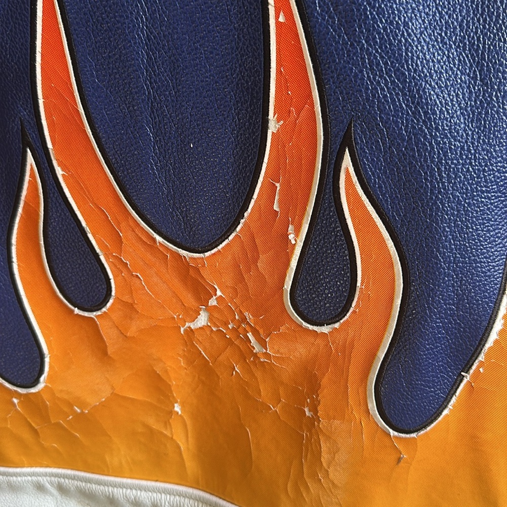 RARE ICON Flame Blue White Leather Patch Motorcycle Jacket with full padding - Picture 10 of 11